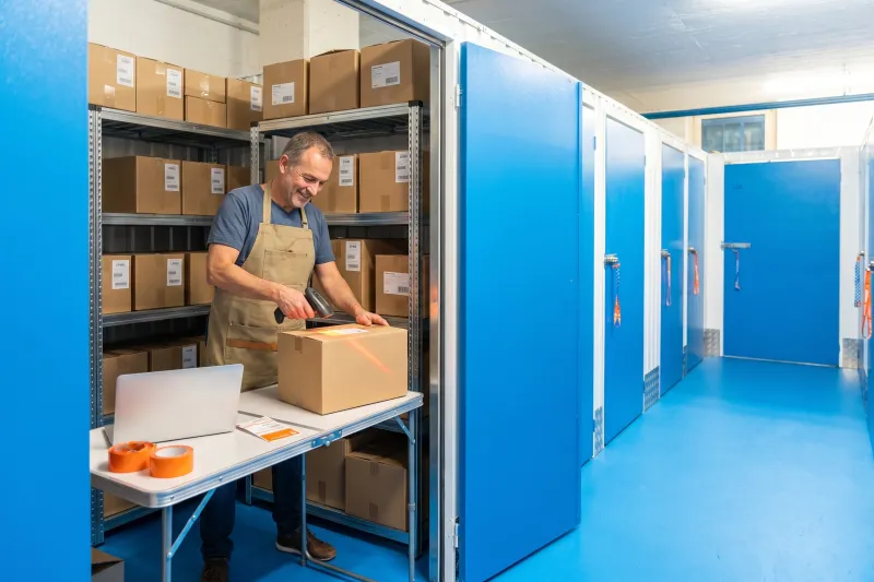 Unternehmer scannt Pakete in seinem Lagerraum mit Regalen